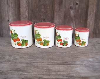 Set of 4 Metal Kitchen Canister with Strawberry Decals