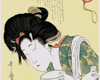 Japanese Ukiyo-e Woodblock print, Utamaro, "The Lazybones"