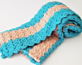 Teal & Tan Crochet Baby Blanket - Ready to Ship