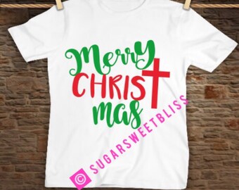 Tshirt Merry Christ Mas Jesus Religious Christmas Shirt Tee Church Holiday Party Gift Glitter Available Cross