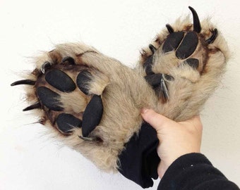Wolf Paw Gloves. Realistic animal costume feet, hands, for men, women. Luxury faux fur paws, animal friendly materials. Handmade timber wolf