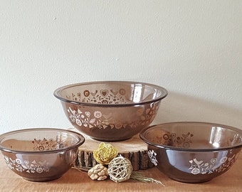 Vintage Pyrex Mixing Bowl Set Festive Harvest 1980's 3 Pyrex Nesting Bowls