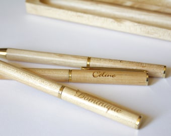 Personalized pen, unique wedding or birthday gift, custom original present, name engraved by laser, with wooden case, engraved in France