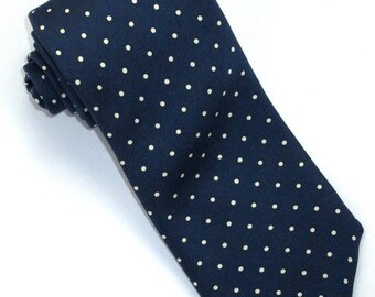 Men's SILK NECKTIE Winston CHURCHILL Classic Navy Cream Polka Dot Tie