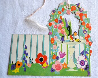 Vintage Tally Card - Bird Bath Flower Garden - Unused Henderson
