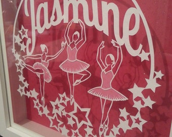 Personalised handcut 'floating' papercut of any one name and three ballet dancers