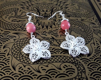 Sterling silver flower earrings | 925 Silver filigree earrings | Drop earrings Pink Gemstone earrings Bridesmaid earrings Elegant earrings