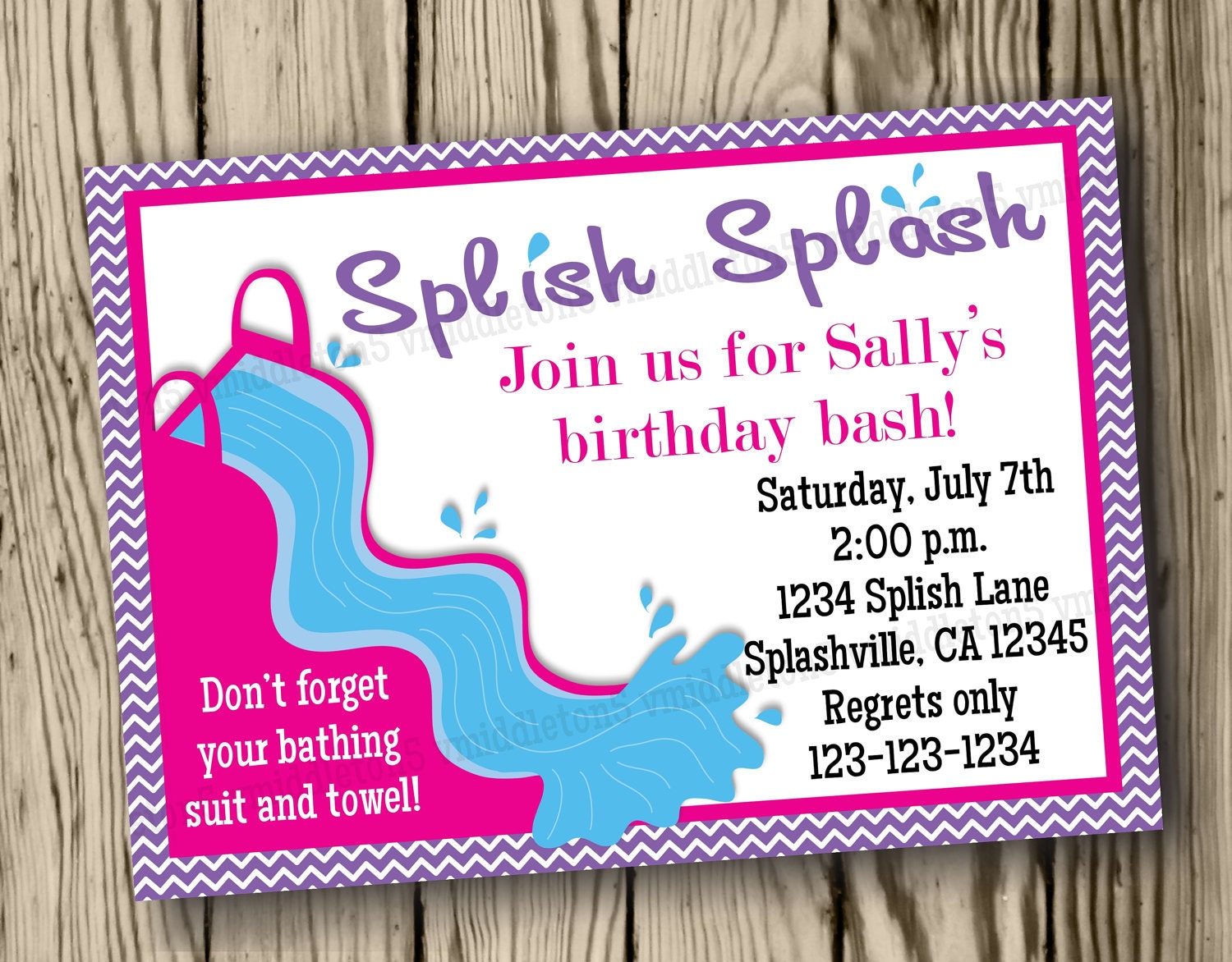 Splish Splash Girl Water Slide Birthday Invitation Print Your