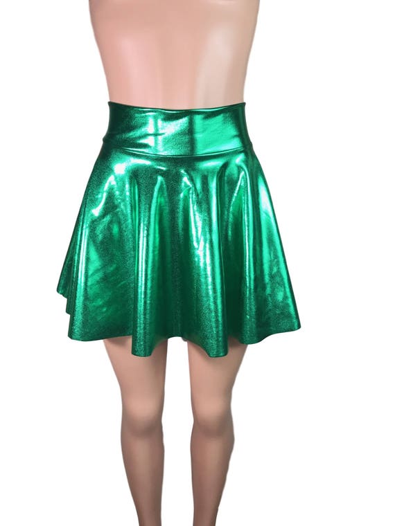 Metallic Green High Waisted Skater Skirt Clubwear Rave