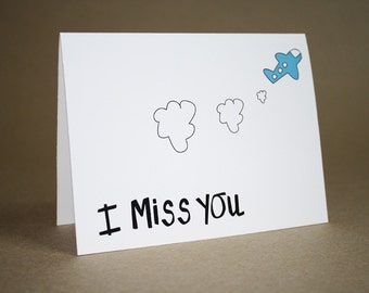 I Miss You Card - Thinking of You card, romance, love, friends, airplane, blank inside