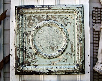 Architectural salvage wall decor, 24" Ceiling Tin Tile, Chippy old original paint, Rustic patina, Farmhouse French country decor