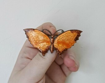 Vintage Enamel Butterfly Brooch Pin Orange Guilloche Enamelled Brooch 1930's Art Deco Insect Brooch Costume Jewellery Jewelry