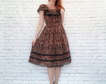 Vintage 90s does 70s Paisley Ruffled Peasant Midi Dress Lace Trim Sheer XS S