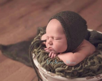 Newborn Boy Props - Wrap and Bonnet Set - Green - Newborn Photo Props - Newborn Wrap Set - Mohair Wrap - Photo Prop - Mohair Bonnet