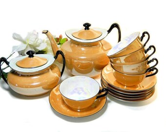 Art Deco Marigold Lusterware Teapot Cups Sugar Czechoslovakia