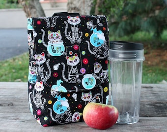 Insulated Lunch Bag Lunch Tote Kitty Day of the Dead Skelekitty Made To Order