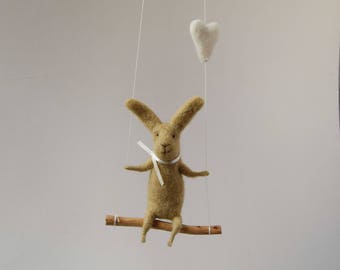 Swinging Bunny, Felt Animal, Nursery Decoration Taupe,Gray Needle Felted Bunny, Hanging Bunny, Baby Mobile