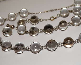 1910's Sterling Silver Pools of Light Undrilled Necklace Bracelet & Screwback Earrings.
