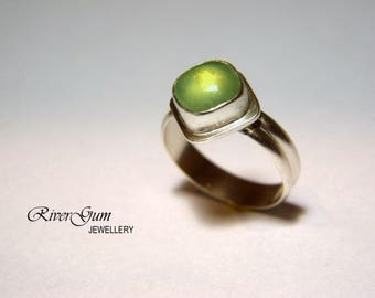Green Prehnite Ring, Sterling Silver Ring, Gemstone Ring, Size 6 & 1/2 or Size N, Square Stone, Metalwork by RiverGum Jewellery