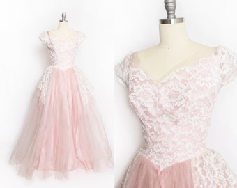 Vintage 1950s Dress - ALFRED ANGELO Pink Tulle Lace Full Skirt Party Wedding Gown 50s - Small S