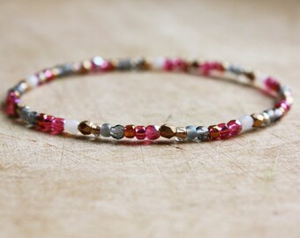 Opal White, Fuchsia, Grey & Gold Bracelet - Boho Bracelet - Bohemian Jewellery