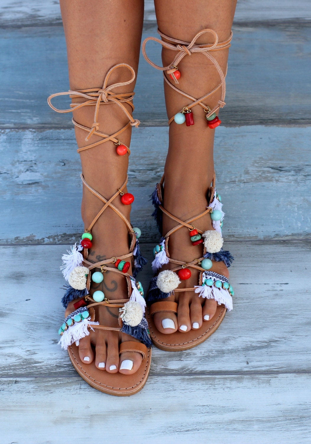 Tie Up Gladiator Sandals Greek Sandals Pom Pom Sandals Boho