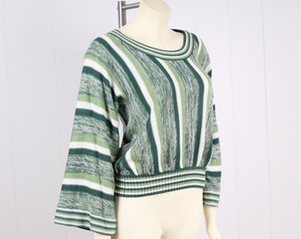 vintage 70s space dye green stripe slouchy knit sweater top bell sleeve high waist boho hippie shirt size small medium