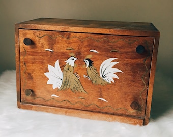 Handpainted Wooden Bread Box, Gold and White Roosters, Farmhouse Kitchen