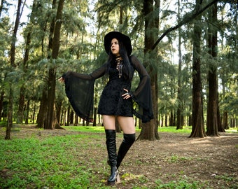 Black night dress. Lace up, maxi bell sleeve dress. 60s, 70s inspiration.