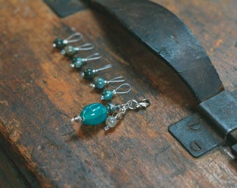 Blue and Green Glass and Stone Bead Stitch Markers, Progress Keeper, Knitting Tool