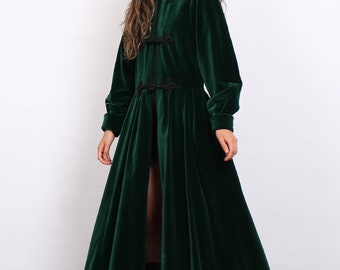 Vintage 60s Carven Emerald Velvet Frog Closures Maxi Coat XS/S