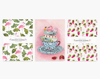 Notebook, journal, diary, flamingo, alice in wonderland, strawberry, travel notebook, watercolor, lined notebook, A6, papergoods, cute