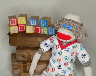 Sock Monkey With Custom Designed Pajamas (18 inches tall) - Rockford Red Heel Socks