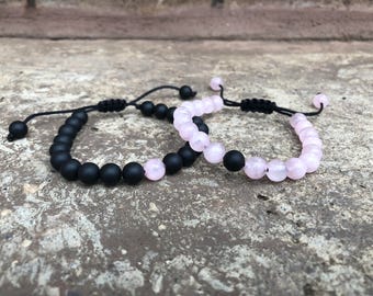ADJUSTABLE Pink Distance Bracelets Set - Pink & Black Matching Pair - Long Distance - For Friendships/relationships/couples