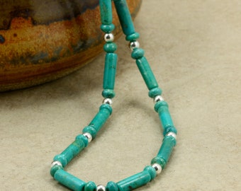Turquoise Tube Necklace with Sterling Silver, Turquoise Necklace, Sterling Silver Necklace, Southwestern Necklace, December Birthstone