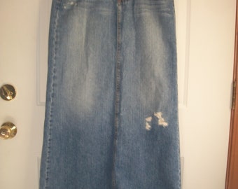 Vintage 90's Denim Maxi Skirt, Distressed Denim Skirt, Long Jean Skirt, Size 7