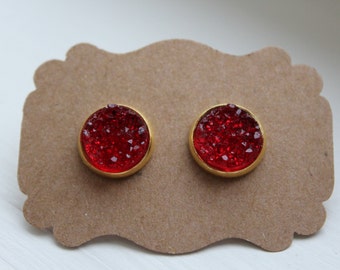 Red Druzy Earrings, Drusy Earrings, Druzy Earrings, Gold Post, Red Druzy Post, Gold Red Druzy Earrings, Post Stud Earrings, 12mm Druzy