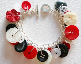 White Black Red Button Charm Bracelet