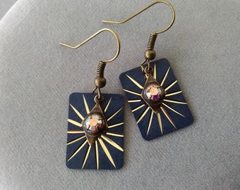 Navy Blue and Antiqued Brass Rectangle Earrings