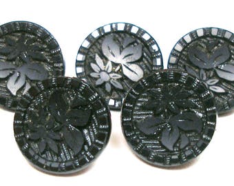 1800s daisy glass BUTTONS, 5 Victorian black glass withfloral design, 1/2".