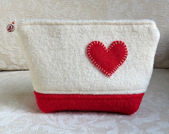 Heart Felt Zippered Pouch, Upcycled Felted Wool Clutch in White and Red