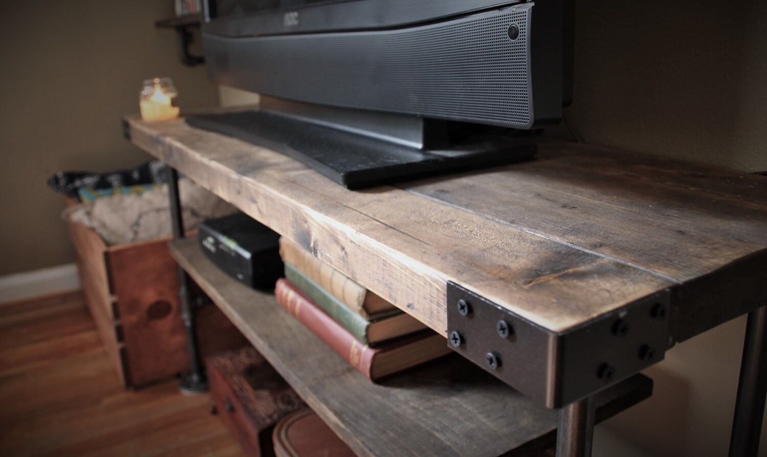 Industrial Style TV Console Table Pipe Wood Handmade In Industrial Style TV Console Table Pipe Wood Handmade In