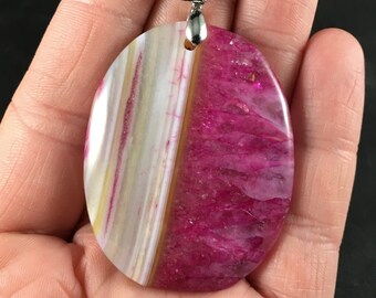 Oval White and Pink Druzy Agate Stone Pendant Necklace