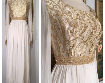 1960s Floor Length Evening Gown by Bee Jo California -- Unique Bodice, Sheer Sleeves, and Sparkling Rhinestones and Pearls