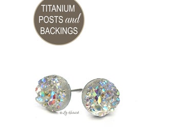 Clear Glitter Studs, Faux Druzy Titanium Post Earrings, Clear Faux Druzies, 8mm Cabochons