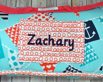 2" thick cushy Memory Foam Standard 50" Preschool Kindermat Nap Mat Roll in Mutiny Bunting Nautical Print with personalized embroidery