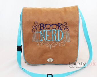 Messenger bag, small messenger bag, book bag, brown bag, cross body bag, small bag, embroidered bag, Book Nerd