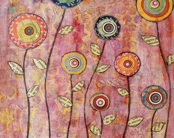 Pink Abstract Flower Collage Art Print Retro Art Mixed Media Collage Painting