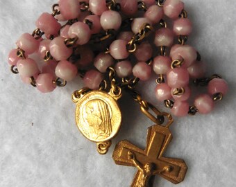 Antique French Catholic Crucifix Pink Glass Chapelet Rosary, Virgin, Jesus, Christ, Mary, Religious, Cross, chaplet, Communion, Baptism