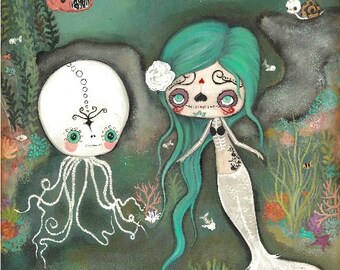 Day Of The Dead Print Cute Dead Zombie mermaid Octopus Skeleton Wall Art